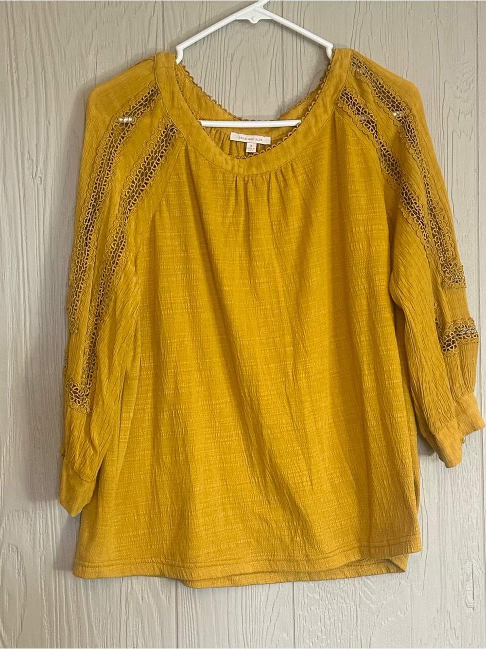 Skies Are Blue Women's‎ Yellow Solid Lace 3/4 Sleeve Round Neck Knit Blouse XL